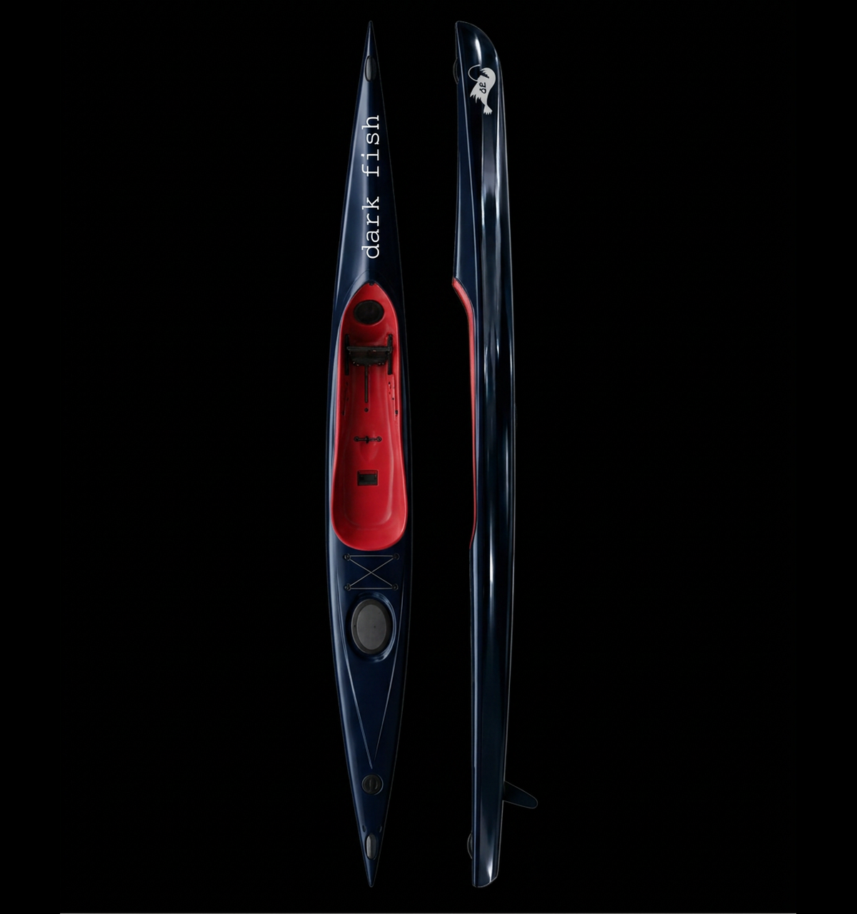 Top and side view of the Dark Fish kayak, showing the fish graphic, deck hatches and red cockpit