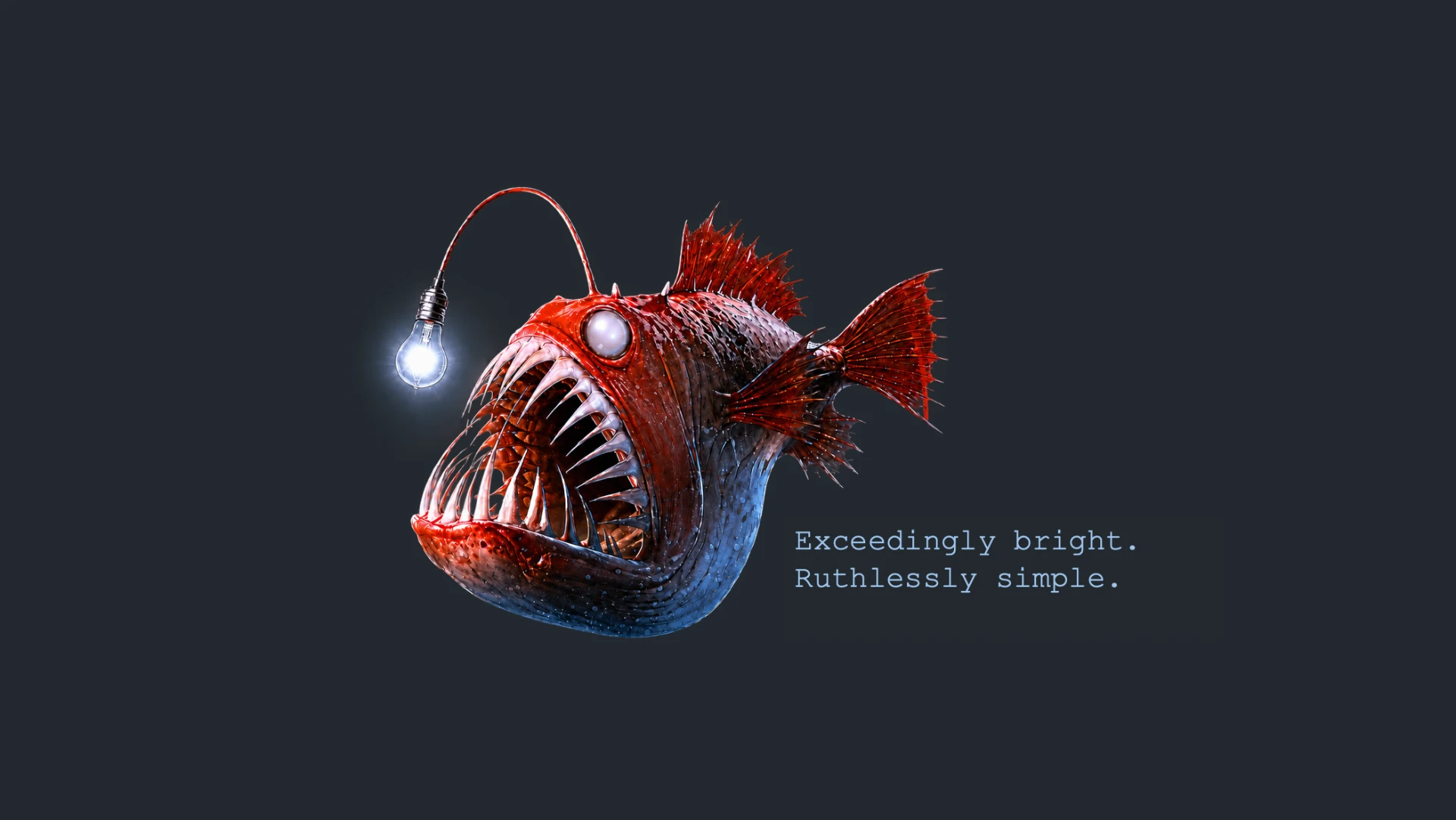 Dark Fish Industries angler fish with a lit bulb lure beside the words Exceedingly bright. Ruthlessly simple.