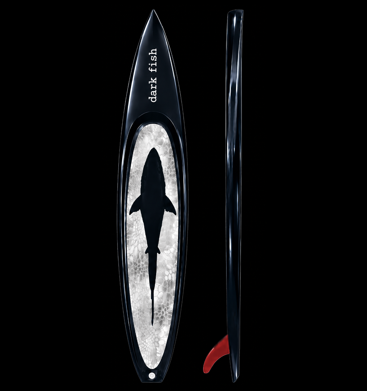 Top and side view of the Dark Fish SUP, showing the deck pad, fish graphic and red fin